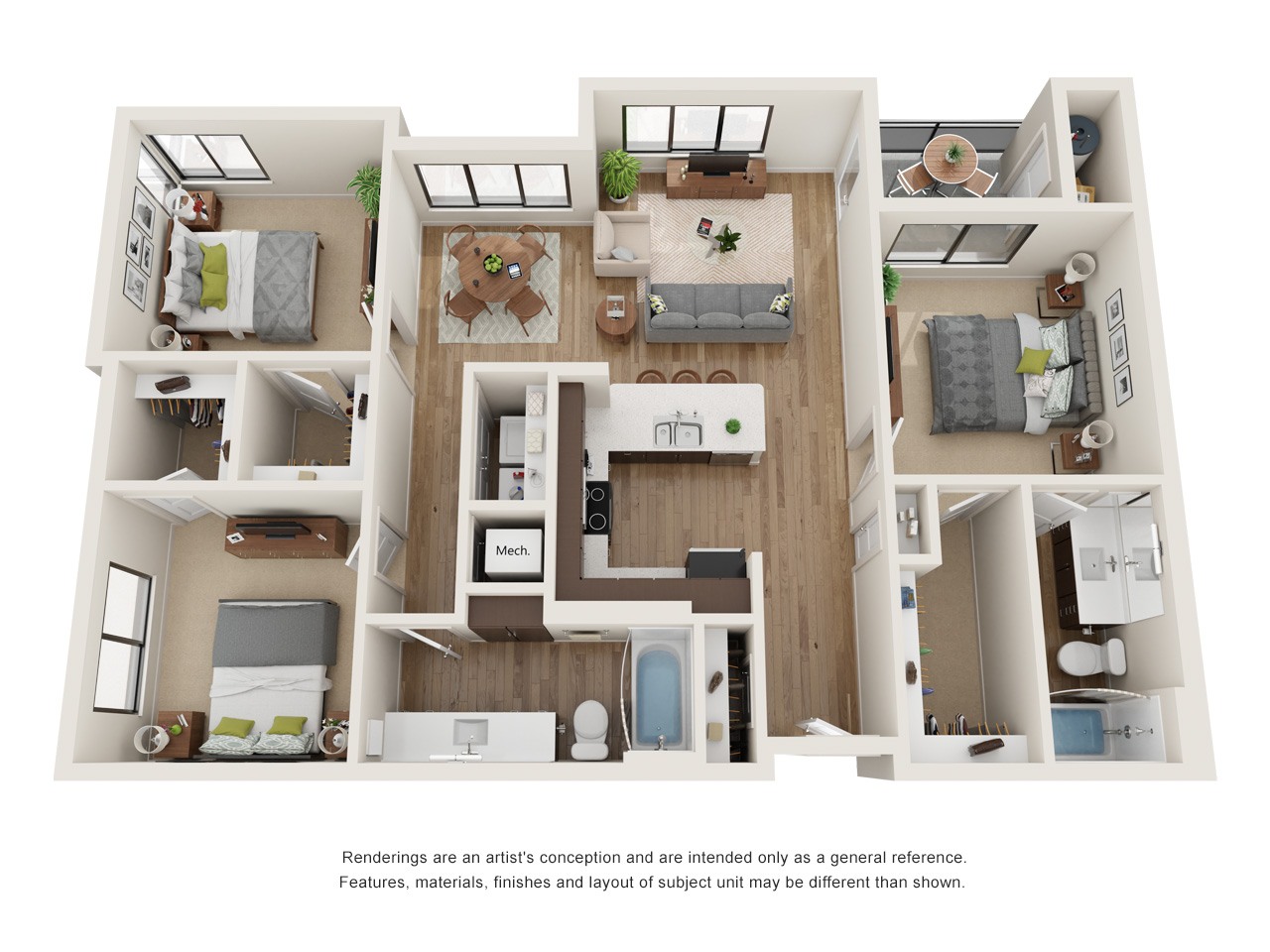 Floor plan for 3 beds, 2 baths, 1262 sqft